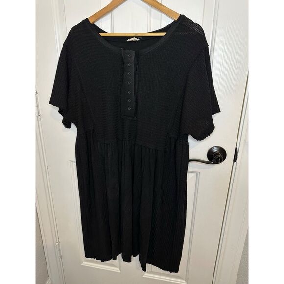 POL Black Waffle Knit Mixed Media Short Sleeve Oversized Dress Sz M Western Boho - Picture 1 of 9